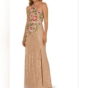 Adrianna Papell Beaded One Shoulder Floral Sequin Formal Prom Dress Nude Multi
